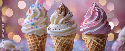 Three Soft Serve Ice Cream Cones With Sprinkles and a Pink Bokeh Background