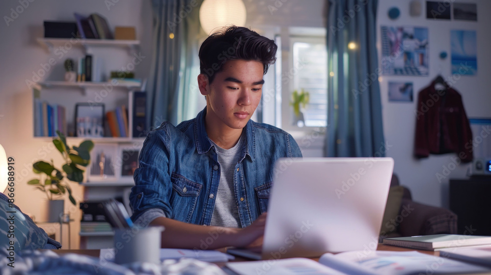 Young man working from home, reviewing documents and using a laptop in a well-organized home office. Young man working from home, reviewing documents and using a laptop in a well-organized home office.