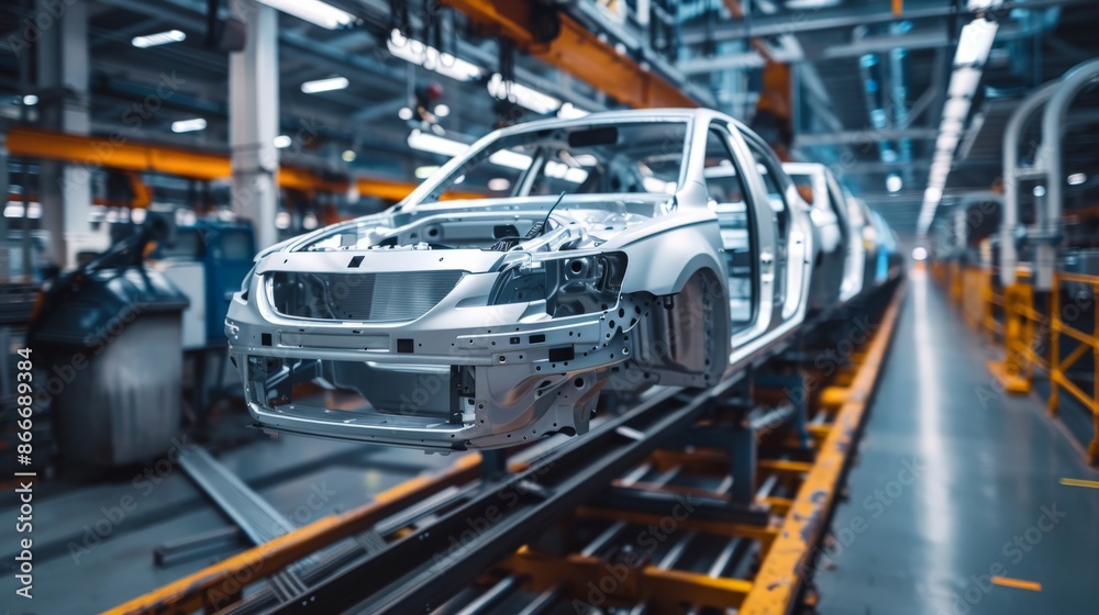 A conveyor for assembling cars at an automobile manufacturing plant. A conveyor for assembling cars at an automobile manufacturing plant.