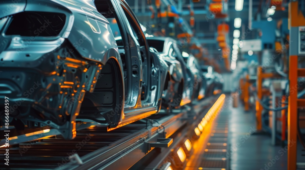 A conveyor for assembling cars at an automobile manufacturing plant. A conveyor for assembling cars at an automobile manufacturing plant.