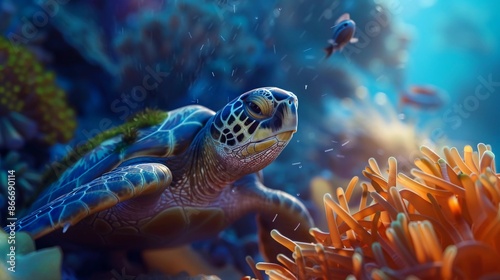 underwater photography of sea turtles in magical deep sea photo