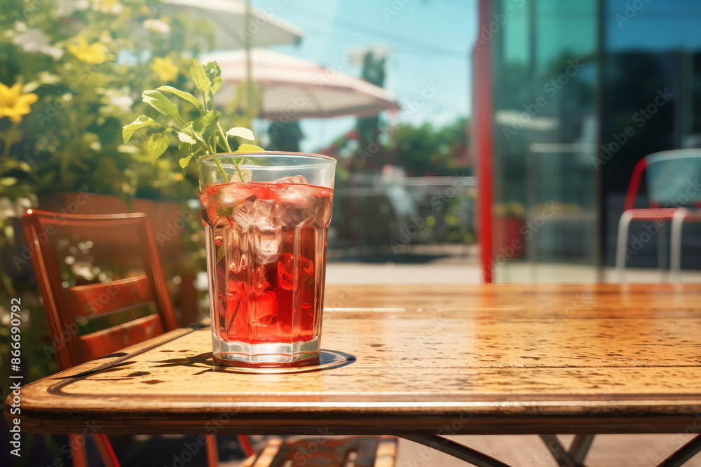 Fresh pink-red lemonade with ice and swizzle sticks in a transparent glass on a wooden table outdoors. Summer refreshing drink. Cold cocktail. Sunny weather Fresh pink-red lemonade with ice and swizzle sticks in a transparent glass on a wooden table outdoors. Summer refreshing drink. Cold cocktail. Sunny weather