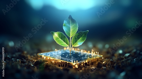 illustration of glowing plant growing on computer chip representing digital ecology business and blurred background.