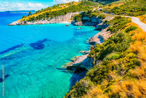 Xigia Beach, Zakynthos or Zante Island, Greece. Beautiful views of azure sea water and nature with cliffs