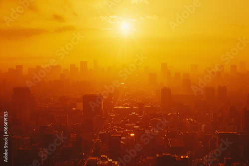 a heat wave overtakes a large city, orange and red sky and a blazing sun over a major urban area - summer heat dome photo