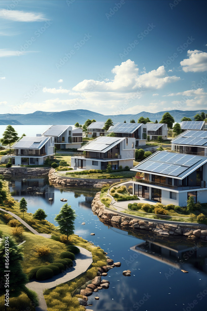 Obraz premium A residential neighborhood with homes equipped with solar panels and wind turbines, showcasing a decentralized approach to green energy production.