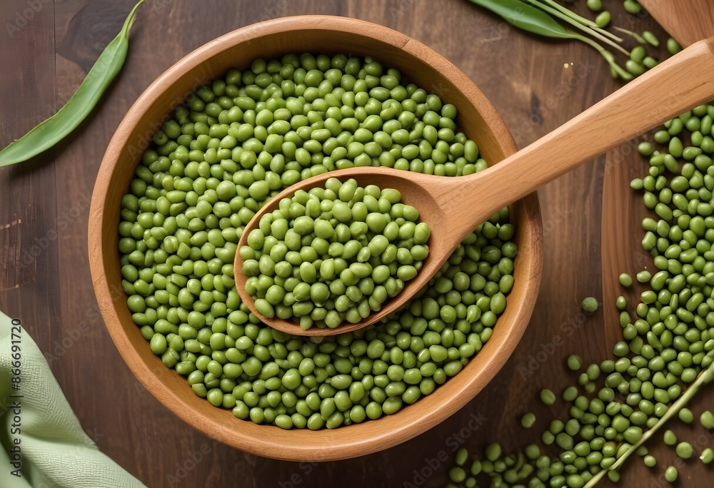 A Wooden Bowl Filled with Green Mung Beans with a Wooden Spoon - Rustic and Wholesome Culinary Art A Wooden Bowl Filled with Green Mung Beans with a Wooden Spoon - Rustic and Wholesome Culinary Art