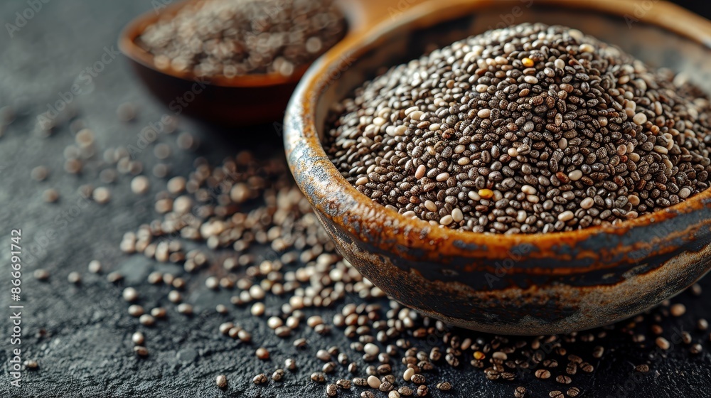 A heap of chia seeds neatly piled in a rustic ceramic bowl, set against a textured background, emphasizing the simple and natural essence of this healthy ingredient. A heap of chia seeds neatly piled in a rustic ceramic bowl, set against a textured background, emphasizing the simple and natural essence of this healthy ingredient.