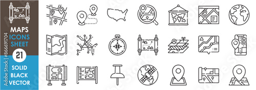 A set of line icons related to maps. Map, navigation, paper, digital, layers, route map, globe, location, presentation, compass, satellite and so on. Vector outline icons set.