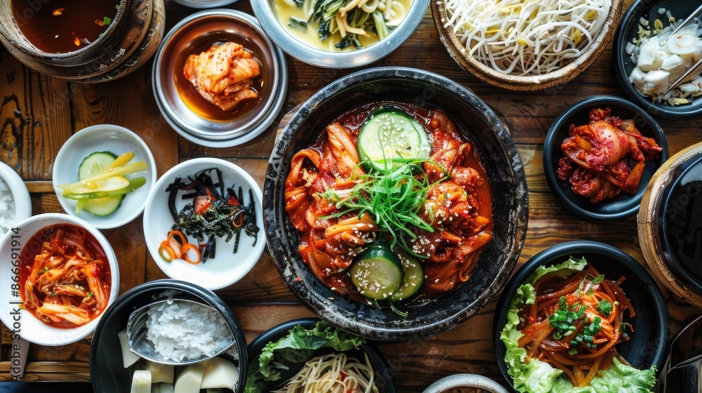 Korean Restaurant Kimchi Vegetables as Side Dish on Wood Table Korean Restaurant Kimchi Vegetables as Side Dish on Wood Table