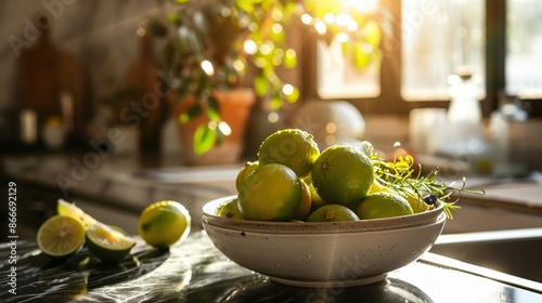 A bowl filled with fresh limes, placed on a marble countertop, with sunlight streaming through a nearby window, casting soft shadows and highlighting the bright green color photo