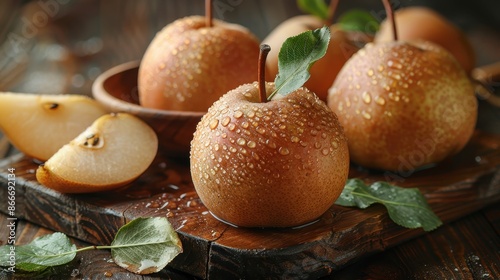 The image showcases ripe round pears covered in fresh dew, set against a wooden surface. The fresh and natural essence of the pears is highlighted by the droplets. photo