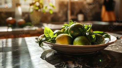 A bowl filled with fresh limes, placed on a marble countertop, with sunlight streaming through a nearby window, casting soft shadows and highlighting the bright green color photo