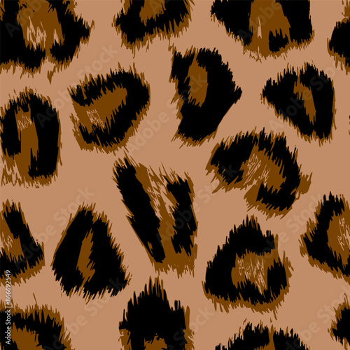 Abstract leopard print featuring a seamless arrangement of spots and markings in warm shades of brown. Perfect for textiles, fashion accessories, modern interior decor. Vector seamless pattern.