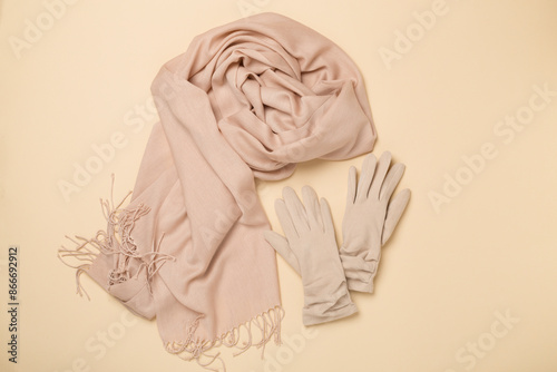 Stylish autumn accessories on color background, top view © Liami