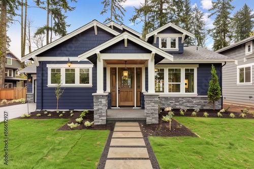 Charming Navy Blue Craftsman Cottage with Pristine White Trim and Stone Accents, Nestled in Lush Greenery © Yi