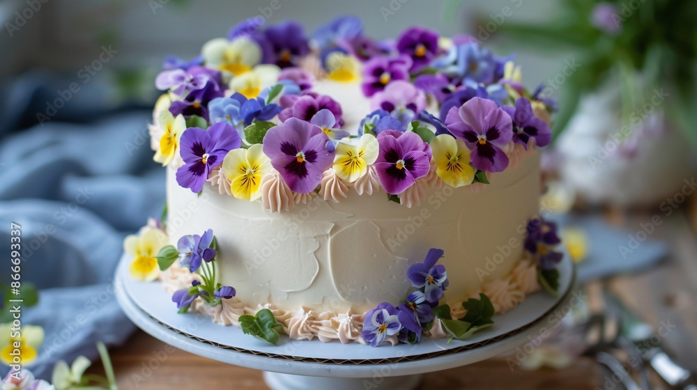 A garden party cake decorated with fresh edible pansies and violets, arranged in a floral pattern around the sides and on top A garden party cake decorated with fresh edible pansies and violets, arranged in a floral pattern around the sides and on top