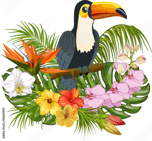 Bouquet of tropical flowers and toucan.Colored vector illustration with tropical flowers and toucan on a transparent background.