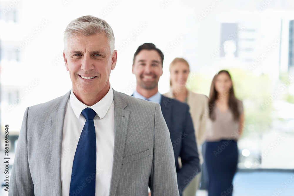 Office, leader and portrait of business people in line for about us, collaboration and partnership. Corporate, diversity and men and women with teamwork for professional career, company and pride Office, leader and portrait of business people in line for about us, collaboration and partnership. Corporate, diversity and men and women with teamwork for professional career, company and pride