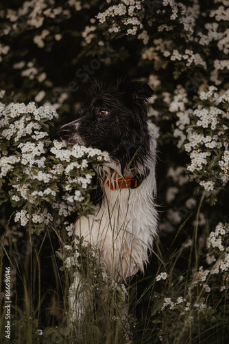 Czarnobiały border collie siedzi w białych kwiatach photo