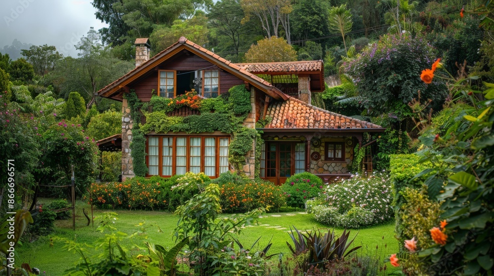 A beautiful house surrounded by lush greenery and blooming flowers. A beautiful house surrounded by lush greenery and blooming flowers.