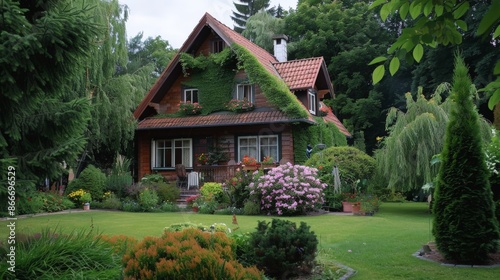 A beautiful house surrounded by lush greenery and blooming flowers.