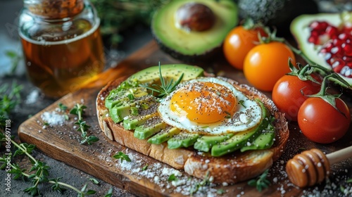 The image features a delectable avocado toast topped with a sunny-side-up egg, garnished with fresh herbs, cherry tomatoes, avocado halves, drizzled honey, and seasonings arranged around. photo