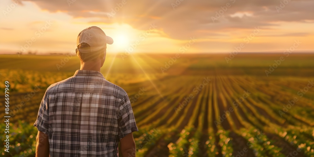 A man agronomist looking over his fields at sunset dedicated to growth. Concept Agriculture, Sunset, Growth, Fields, Farmer A man agronomist looking over his fields at sunset dedicated to growth. Concept Agriculture, Sunset, Growth, Fields, Farmer