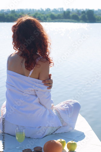 Portrait of a woman. Yoga. Camping. Mental balance. Light image