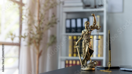 Cuadro en lienzo A statue of a woman holding scales and a pen on a desk