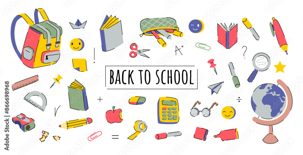 Children's School. Back to School Doodle. School Vector Designs Set. Colourful Stationery Supplies. Perfect for educational materials, school promotions, and children's products. Children's School. Back to School Doodle. School Vector Designs Set. Colourful Stationery Supplies. Perfect for educational materials, school promotions, and children's products.