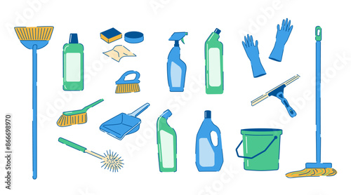 Cleaning tools and supplies illustration set. Vector graphic of brooms, mops, cleaning solutions, spray bottles, gloves, and sponges. Perfect for cleaning guides, and cleaning services. 