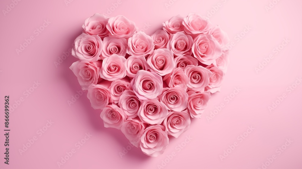 Pink Roses arranged in a heart shape on pink background, banner, landscape, Valentine's Day love theme with copy space. Pink Roses arranged in a heart shape on pink background, banner, landscape, Valentine's Day love theme with copy space.