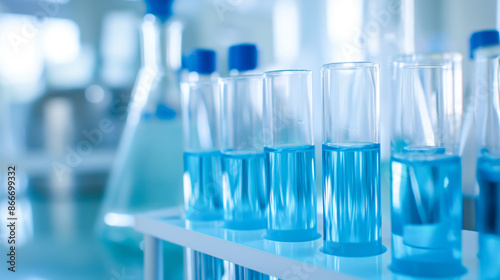 Rows of test tubes filled with blue liquid in a laboratory setting, symbolizing scientific research and experimentation.