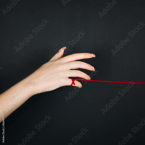 Black background. hands. Red thread