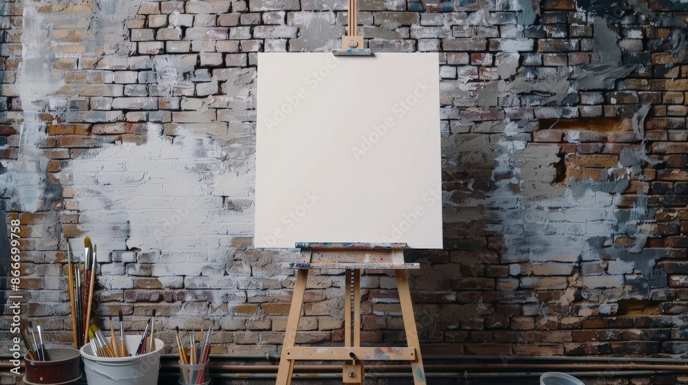 A clean white canvas mounted on a wooden easel against a brick wall, next to brushes and paints.
A clean white canvas mounted on a wooden easel against a brick wall, next to brushes and paints.