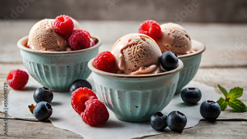 arious flavors ice cream scoops in cups with berries on table