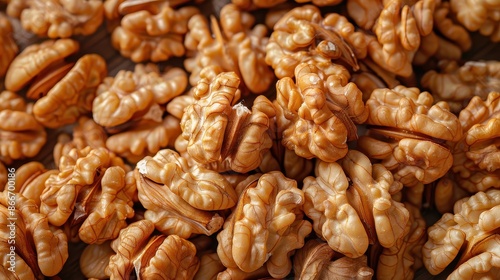 The image presents shelled walnuts in a detailed close-up view, highlighting the intricate textures and rich details that make the nuts visually appealing and appetizing.