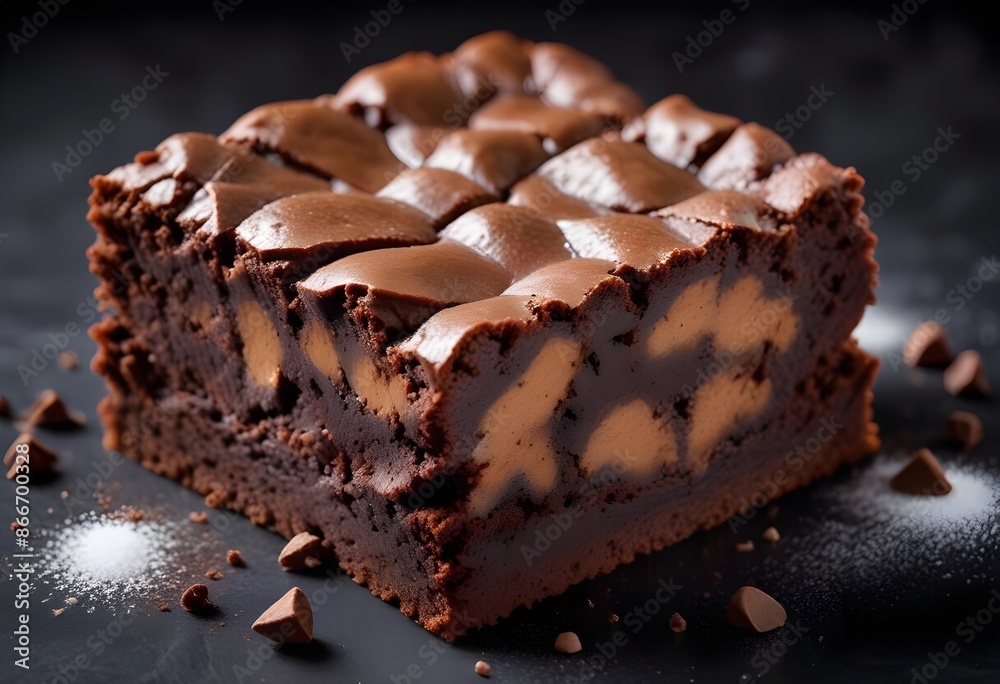 Chocolate, white chocolate and cream soft brownie macro isolated on dark background Chocolate, white chocolate and cream soft brownie macro isolated on dark background