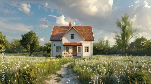 A house, two floors, on a grass plot, open field, with paths, low grass, 3D illustration, Generative AI illustrations. 