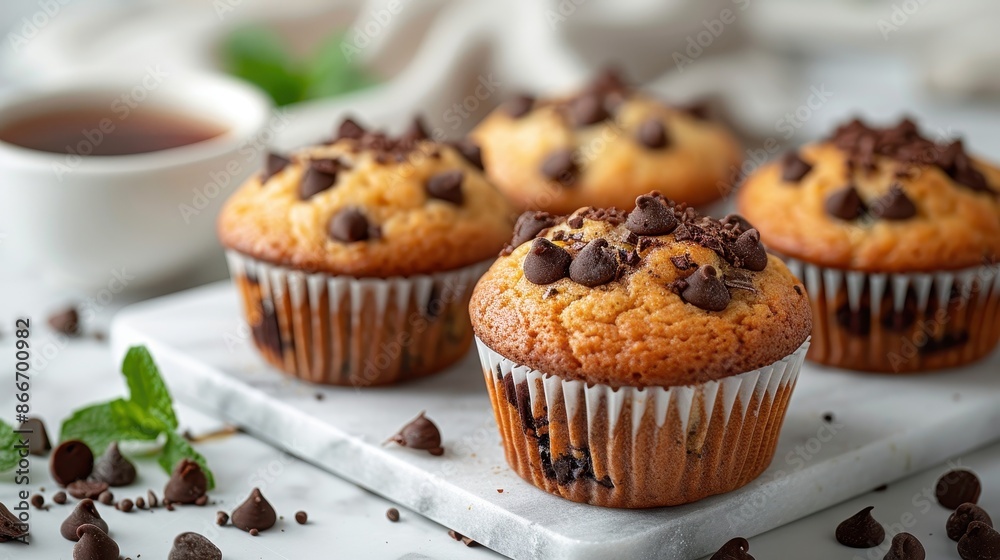 Freshly baked chocolate chip muffins displayed on a marble surface, garnished with chocolate chips and mint leaves, offering a delicious and homemade dessert option. Freshly baked chocolate chip muffins displayed on a marble surface, garnished with chocolate chips and mint leaves, offering a delicious and homemade dessert option.