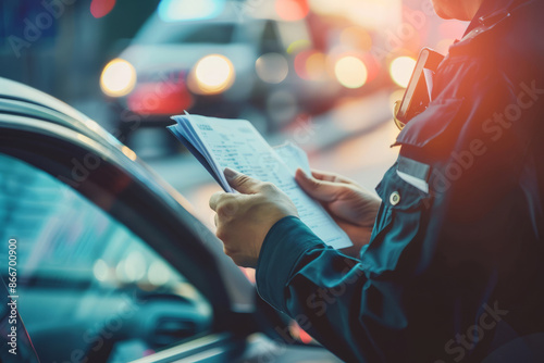 Police officer reviewing documents, issuing a traffic ticket to a driver during a traffic stop photo