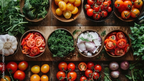 An assortment of fresh vegetables including tomatoes, onions, garlic, and greens, neatly arranged in bowls on a wooden surface, representing a bountiful and colorful harvest.