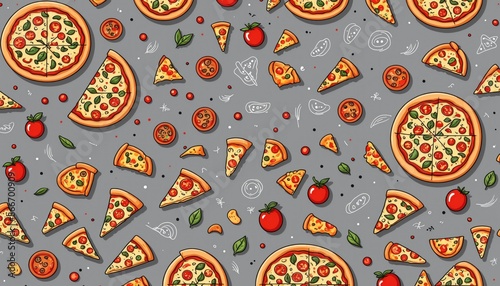 Playful cartoon pattern featuring pizza slices, whole pizzas, and tomatoes on a gray background