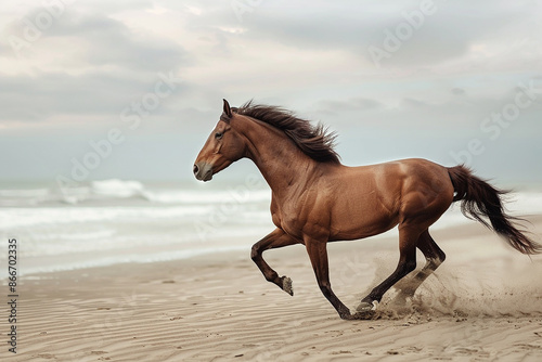 A majestic brown horse galloping along a beach with waves crashing in the background. The dynamic movement and serene ocean setting highlight the beauty and strength of the animal