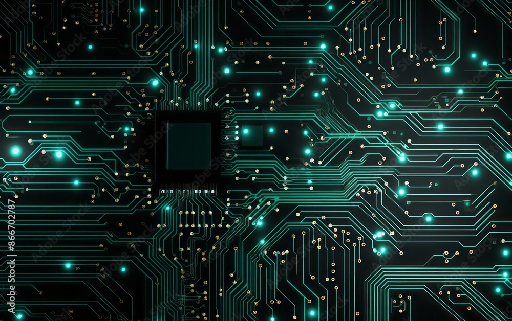 Green circuit board with glowing processor. Concept of technology, computing, electronics, and digital data. Green circuit board with glowing processor. Concept of technology, computing, electronics, and digital data.