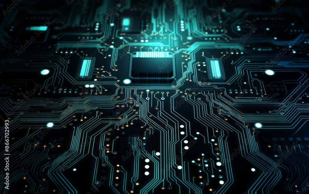 Futuristic Circuit Board with Glowing Processor, CPU. Concept. Technology, Computing, Artificial Intelligence. Futuristic Circuit Board with Glowing Processor, CPU. Concept. Technology, Computing, Artificial Intelligence.