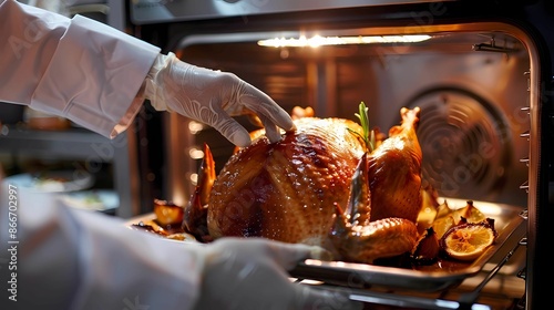 Close-up of a chef's hands basting a turkey in the oven, Generative AI illustrations.  photo