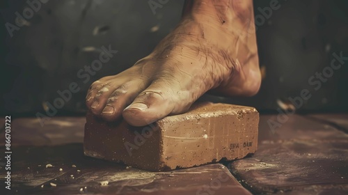 An ego brick stuck in human foot, Generative AI illustrations.  photo