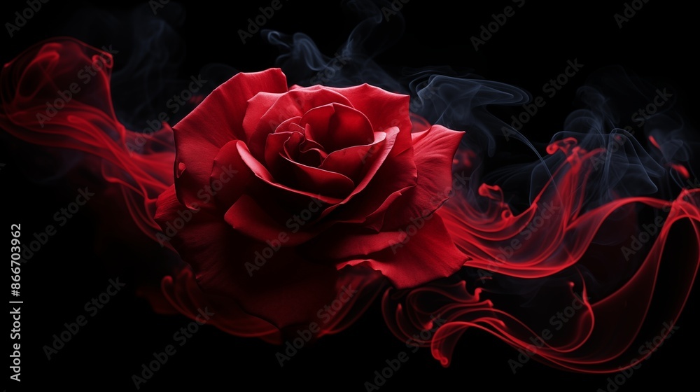 Naklejka premium Red rose wrapped in smoke swirl on black background.